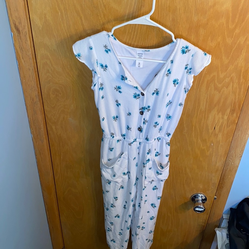 Medium Girls super cute white teal floral romper jumpsuit from JUSTICE